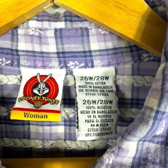 Looney Tunes Vintage Tweety Embroidered Button Up Top, Lilac Plaid, Size 26/28W - Picture 5 of 11